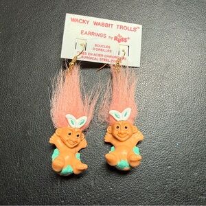 Vintage Wacky Wabbit Pale Orange Hair Troll Earrings by Russ New Easter Novelty